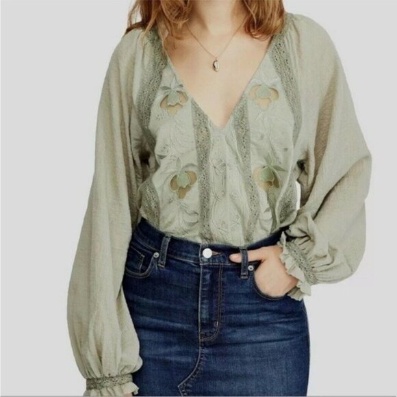 Free People Sivan Embroidered Top Green Puff Sleeve Blouse with Ruffled Small - Picture 16 of 16